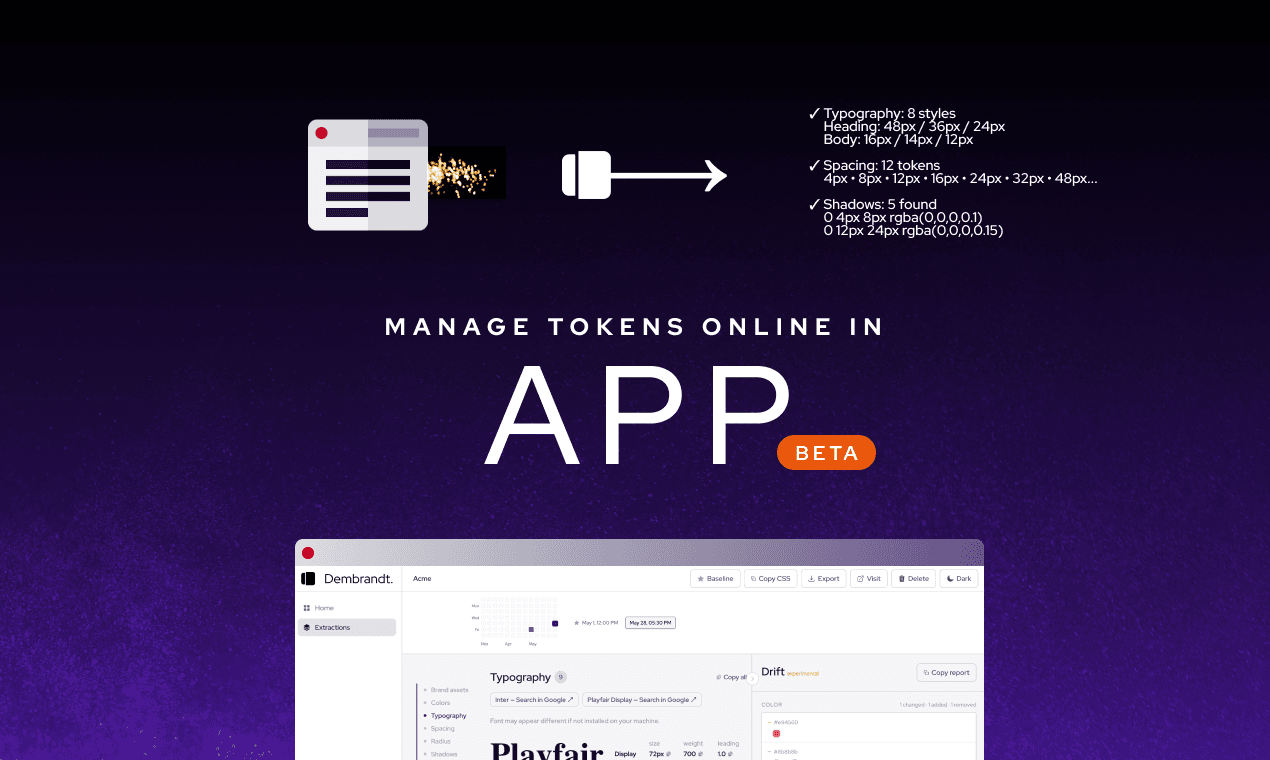 Dembrandt App showing token drift report with color swatches and before/after values