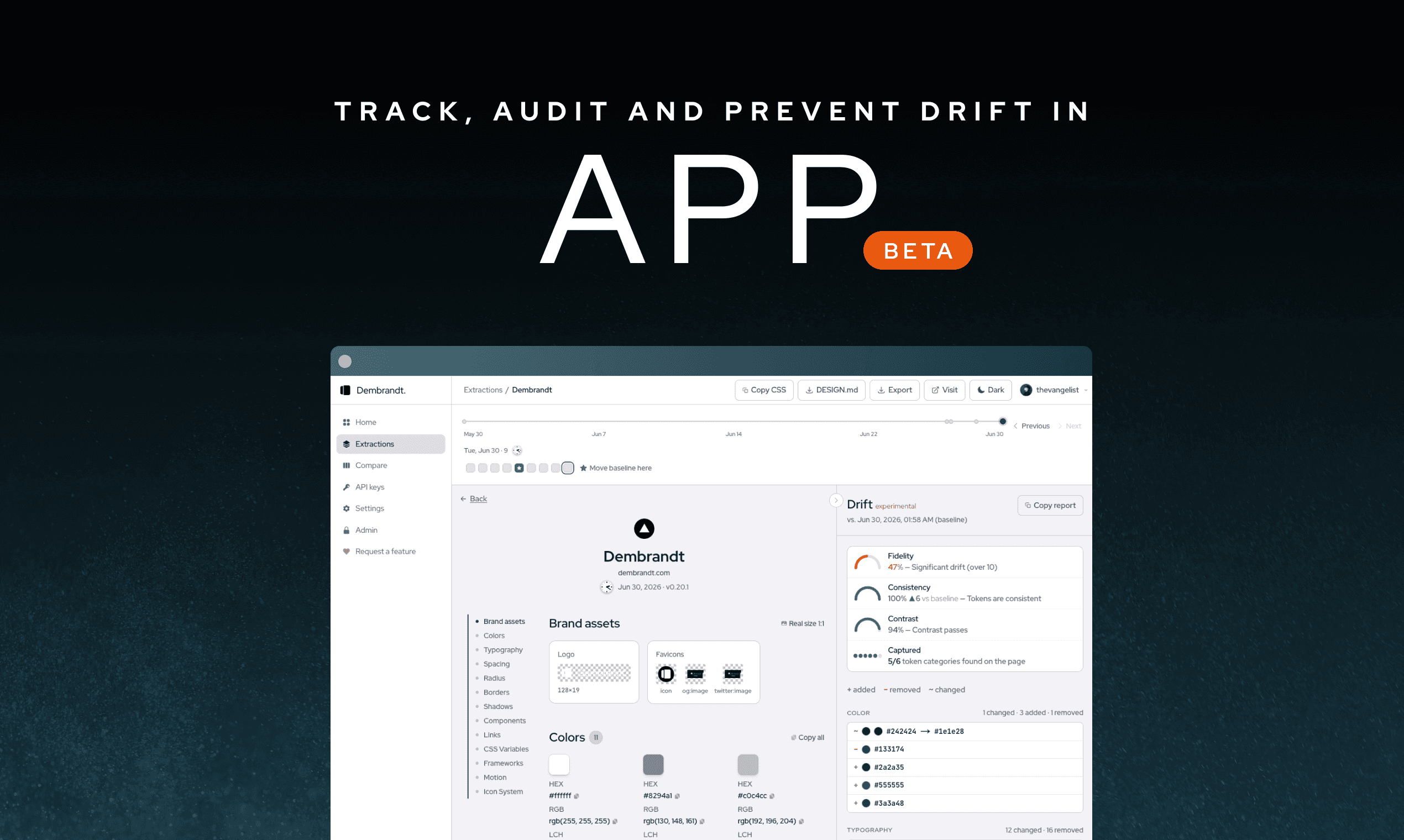 Dembrandt App drift report: fidelity, consistency and contrast scores with a per-token change list