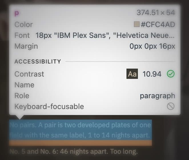 Chrome DevTools element tooltip over a highlighted paragraph: 374 by 54 pixels, colour #CFC4AD, 18px IBM Plex Sans, margin 0 0 16px, contrast 10.94 passing, role paragraph, with the orange margin overlay visible below the selected text