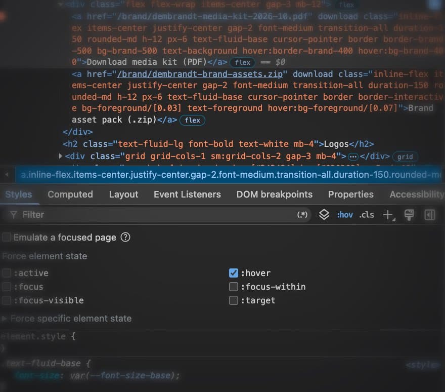 Chrome DevTools Styles pane with Force element state open and :hover ticked on a download button, the element's classes visible in the Elements tree above