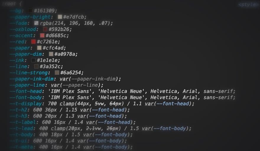 Chrome DevTools Styles pane showing a site's :root rule: colour custom properties with swatches such as --bg, --accent, --paper and --ink, two font stacks, and a type scale from --t-display to --t-meta written as weight, size, line height and family