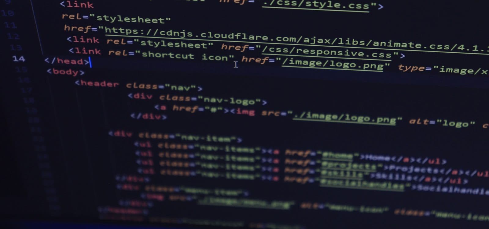 Close-up of a monitor showing the end of an HTML head: stylesheet links to a local style.css and a CDN, and a shortcut icon link pointing at image/logo.png, with the body's nav markup below