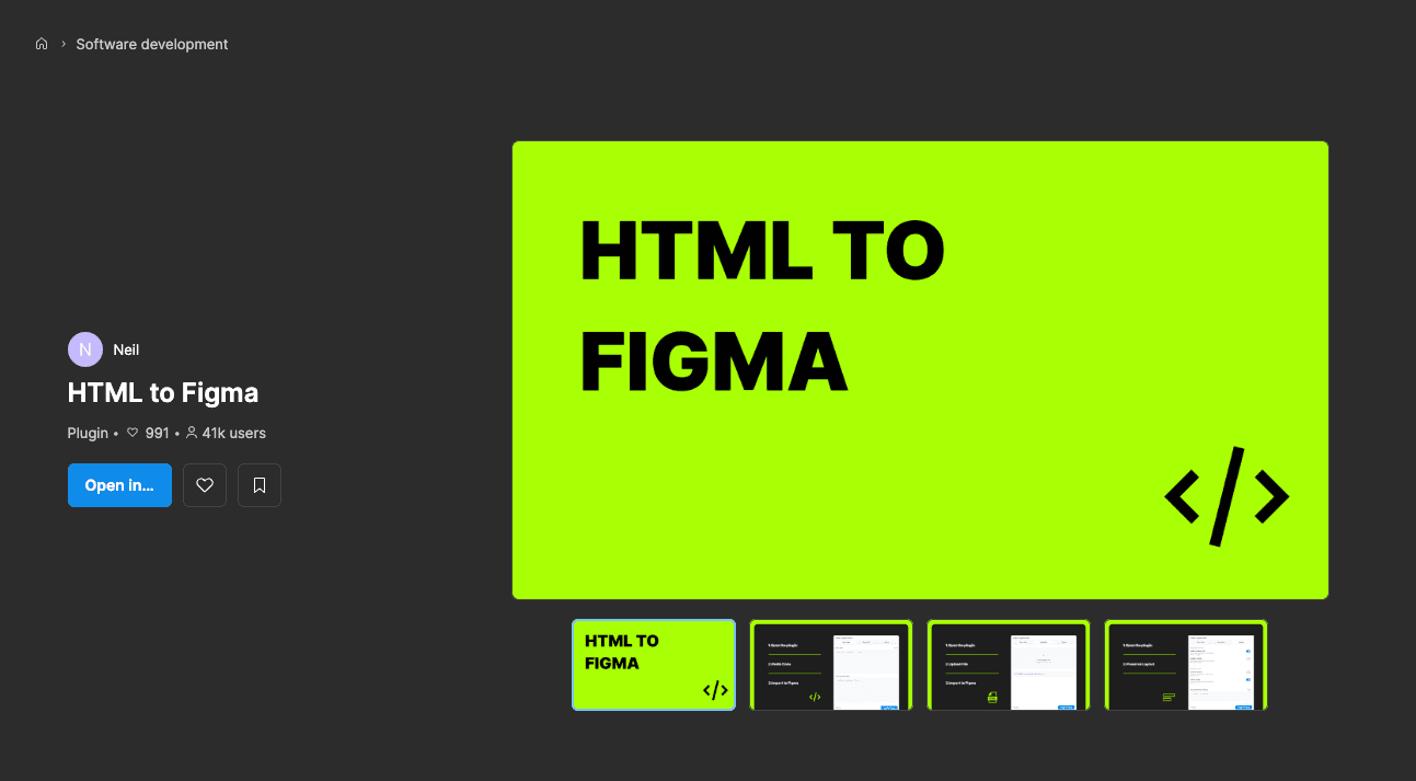The HTML to Figma plugin page in the Figma community, showing the plugin listing and its four-step preview thumbnails