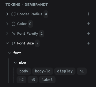 Penpot Tokens panel showing a design-token set generated from a Dembrandt extraction