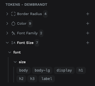 Penpot Tokens panel showing a design-token set generated from a Dembrandt extraction