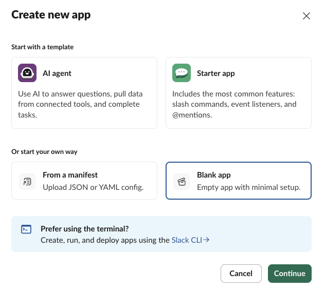 Slack 'Create new app' dialog with template options