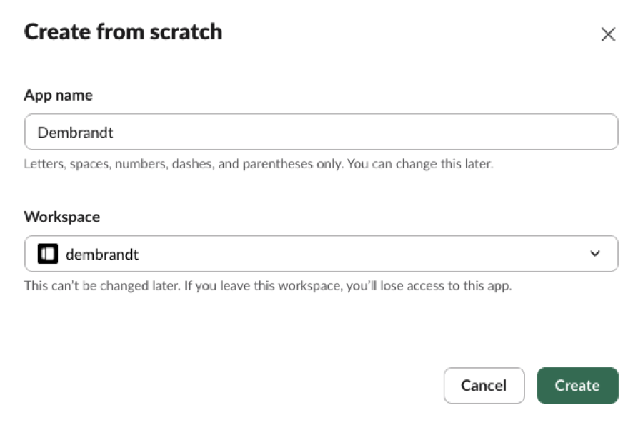 Slack 'Create from scratch' dialog with app name and workspace fields