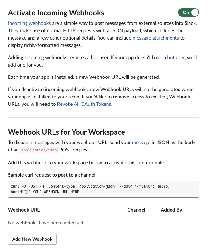 Slack Incoming Webhooks settings page with the feature toggled on and the Add New Webhook button