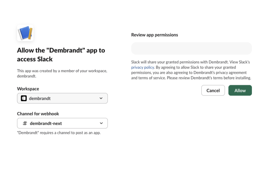 Slack 'Allow app to access Slack' permission screen with channel picker