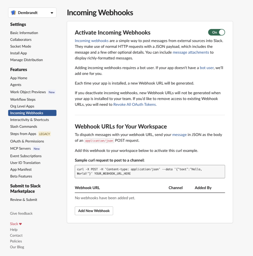 Slack Incoming Webhooks page listing the generated webhook URL and a sample curl request